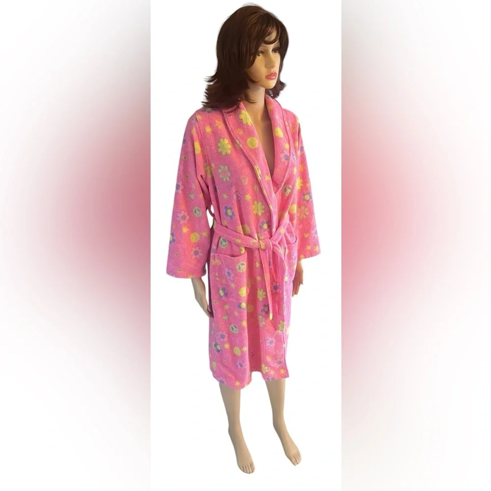 Girl's Ivy & Moon Vibrant Pink Peace Sign and Floral Print Sleepwear Robe